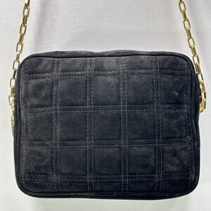 Vtg LJS Collection Crossbody Handbag S Black Suede Quilted Leather Lined Chain